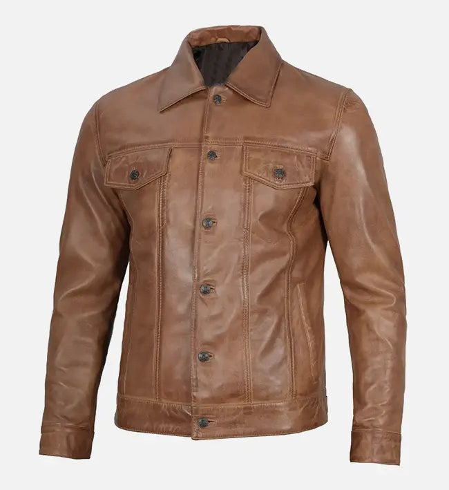 Men’s Sheepskin Trucker Leather Jacket – Camel Brown, Maroon & Blue with Shirt-Style Collar