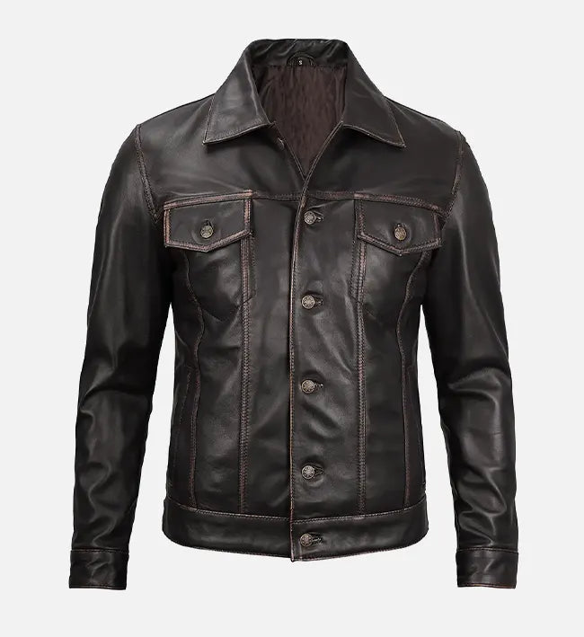 Men’s Sheepskin Leather Biker Jacket – Dark Brown with Shirt-Style Collar