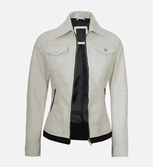 Women’s Sheepskin Leather Jacket – Off-White, Pink & Green with Removable Hood