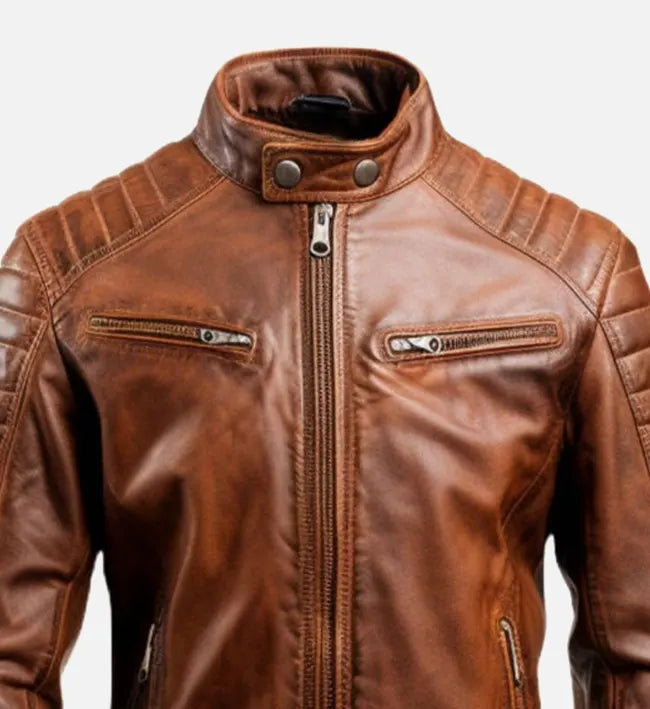 Men’s Vintage Sheepskin Leather Jacket – Brown Quilted Design