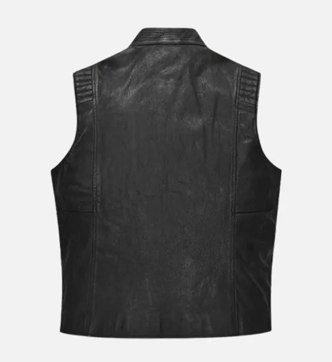 Men’s Black Sheepskin Leather Vest with Quilted Panels