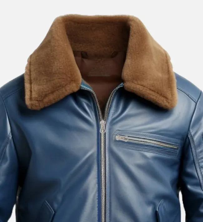Men’s Sheepskin Leather Bomber Jacket – Blue with Shearling Collar
