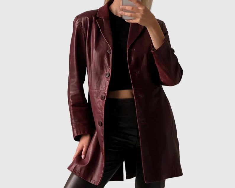 Women's Genuine Leather Long Coat - Burgundy Leather Trench for Girls - Luxury Leather Duster Coat