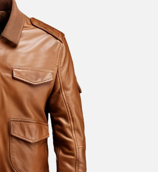 Men’s Sheepskin Brown Strap Pockets Bomber Leather Jacket