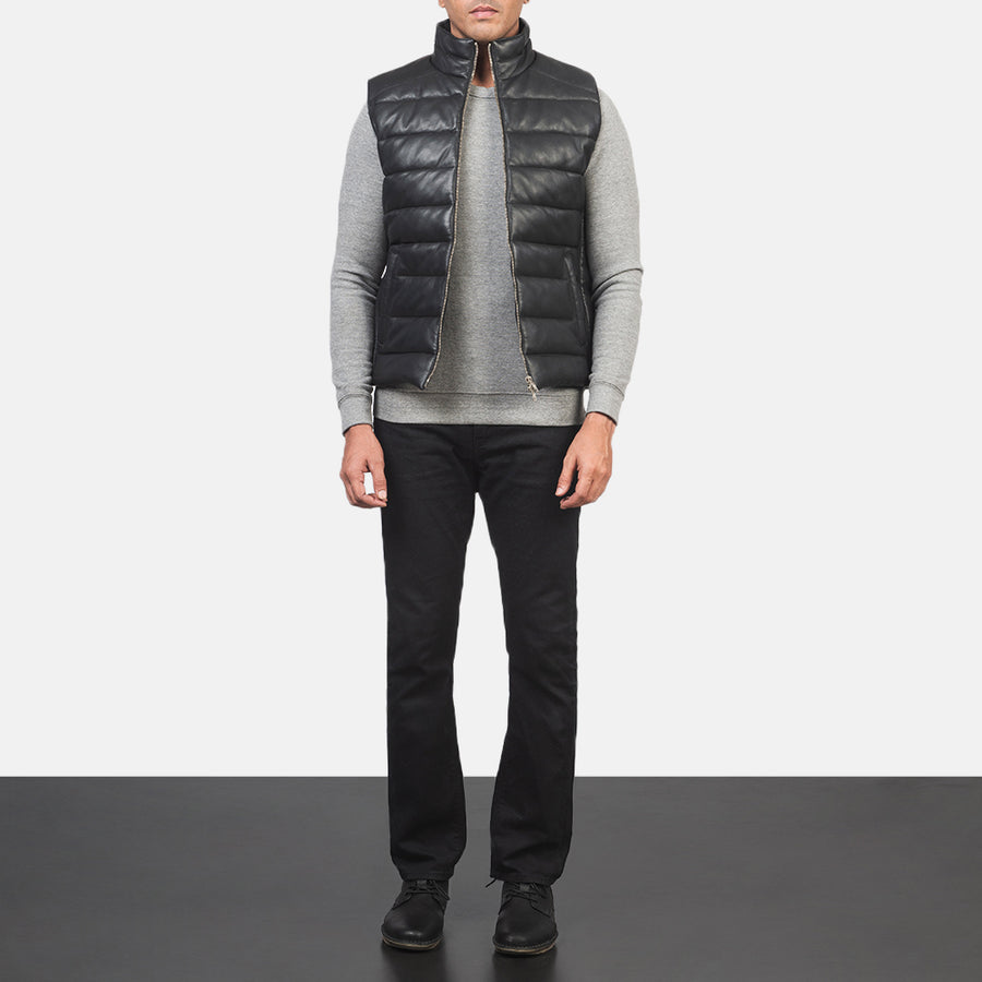 Men’s Aniline Sheepskin Leather Puffer Vest – Dual Zipper Closure