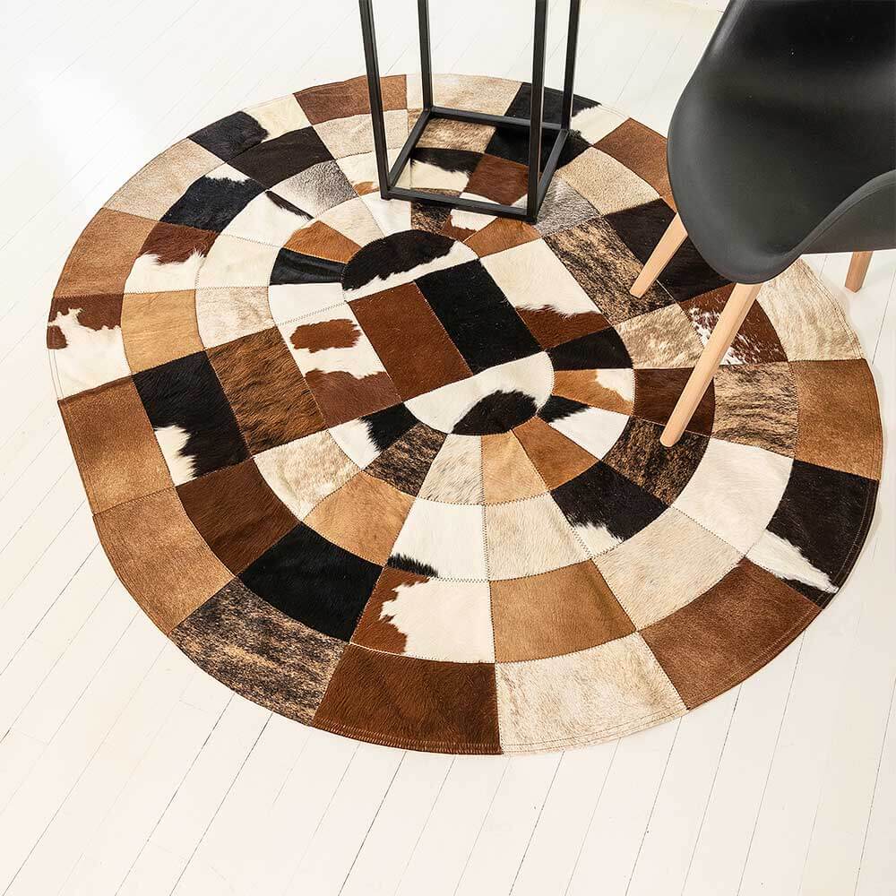 Artisan Hair-On Cowhide Patchwork Leather Rug – Oval Shape Carpet Style