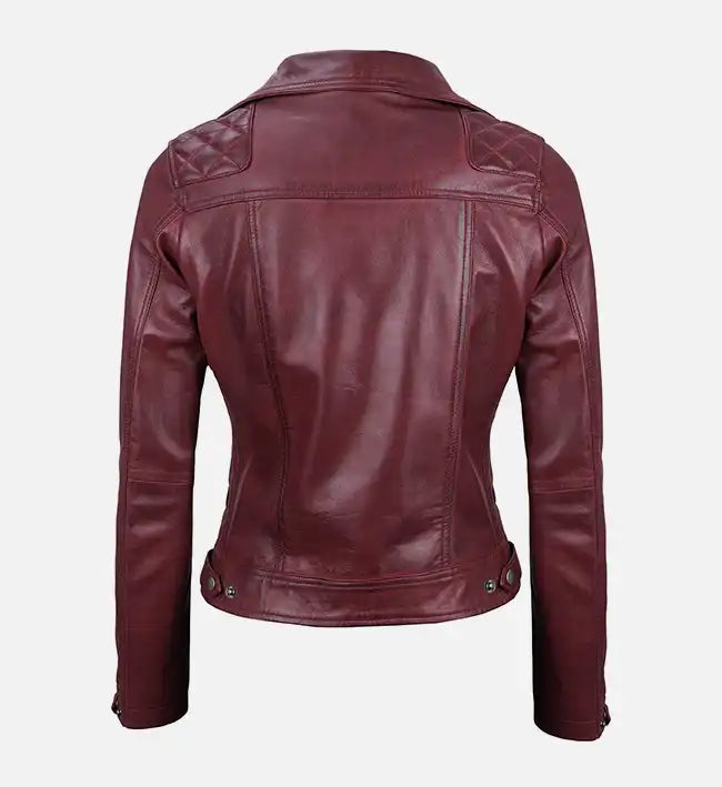 Women’s Maroon Sheepskin Leather Motorcycle Jacket – Asymmetrical Zip Style