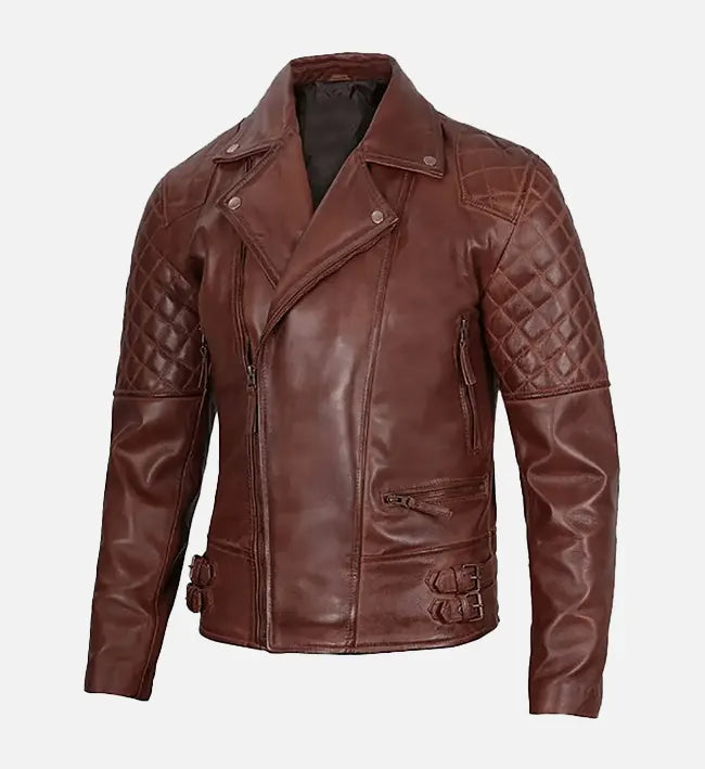 Men’s Sheepskin Leather Biker Jacket – Brown with Quilted Shoulders and Waist Straps
