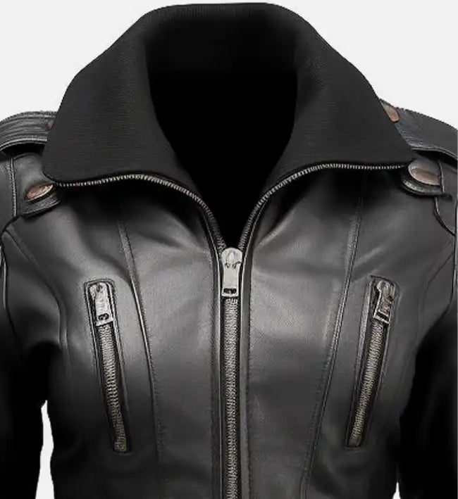 Women’s Black Sheepskin Leather Bomber Jacket – Ribbed Collar & Fitted Silhouette