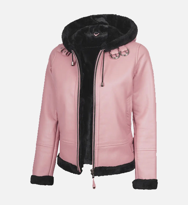 Women’s Pink Sheepskin Leather Jacket with Shearling Hood & Belted Waist