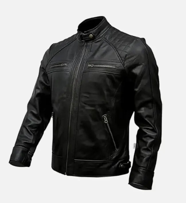 Genuine Sheepskin Timber Style Padded Shoulder Black Leather Jacket