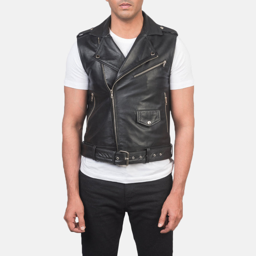 Men’s Black Cowhide Leather Vest with Waist Belt – Semi-Aniline Finish