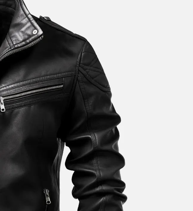 Men’s Sheepskin Leather Biker Jacket – Black with Quilted Shoulders