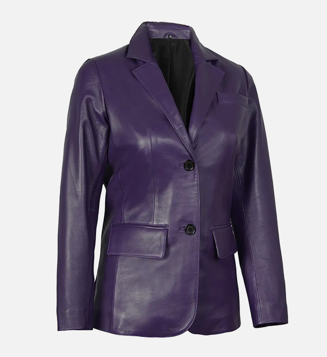 Women’s Sheepskin Two Button Real Leather Blazer – Red & Purple with Notched Lapel Collar