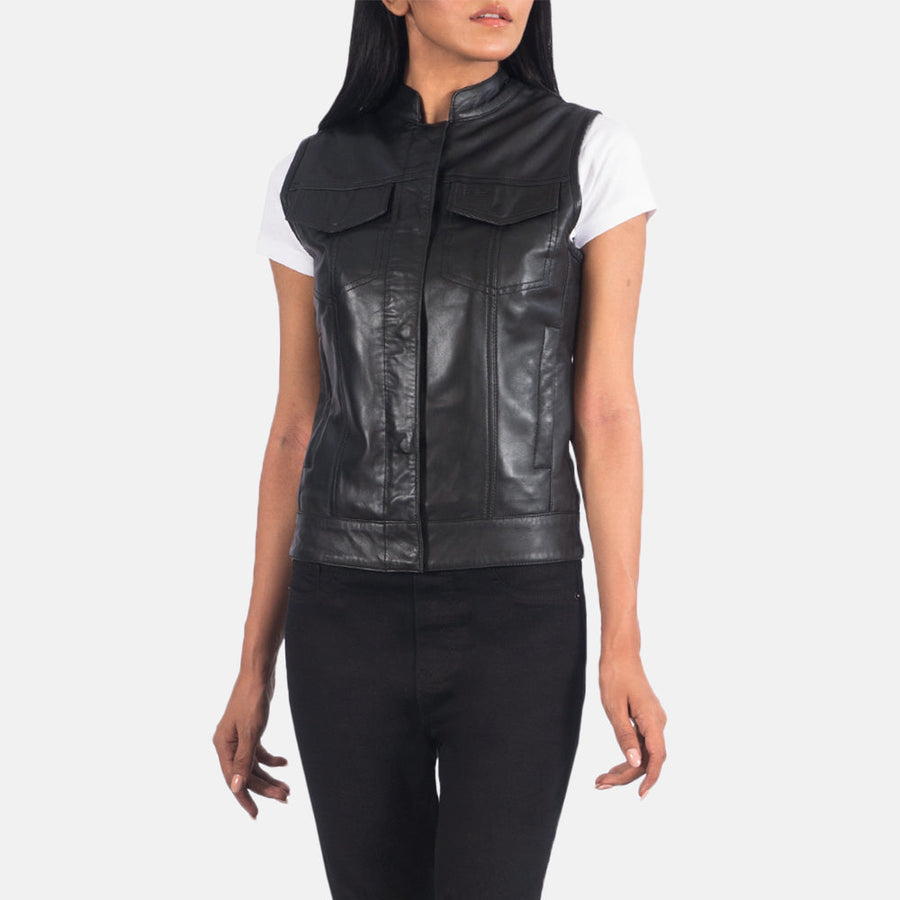 Women’s Black & Brown Sheepskin Leather Vest with Quilted Lining