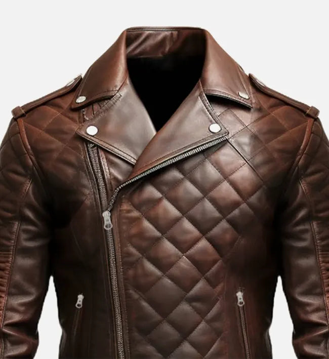 Men’s Sheepskin Leather Jacket – Brown with Quilted Design & Wide Lapel Collar