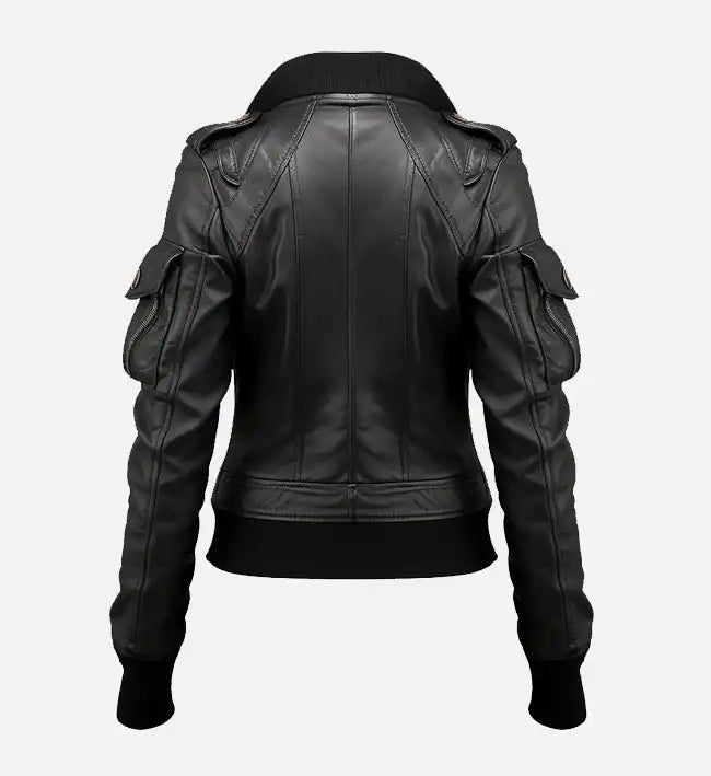 Women’s Sheepskin Leather Jacket – Black with Studded Details & Rib-Knitted Accents