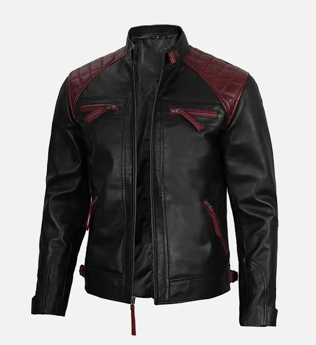 Men’s Sheepskin Café Racer Sheepskin Leather Jacket – Black & Maroon