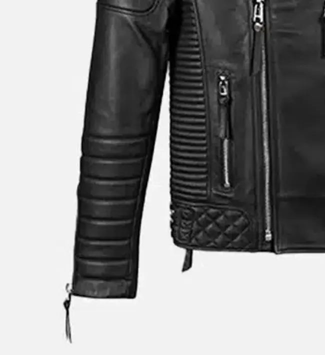 Men’s Sheepskin Leather Biker Jacket – Black with Quilted Padded Patterns