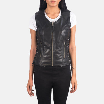 Women’s Black & Brown Sheepskin Leather Vest with V-Neck & Waist Laces