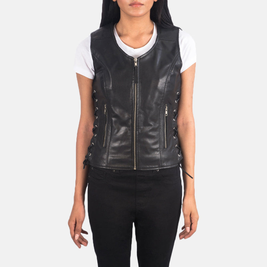 Women’s Black & Brown Sheepskin Leather Vest with V-Neck & Waist Laces
