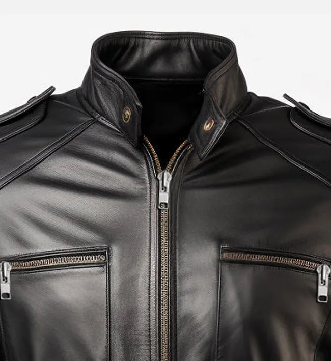 Men’s Black Sheepskin Leather Biker Jacket with Snap-Tab Collar