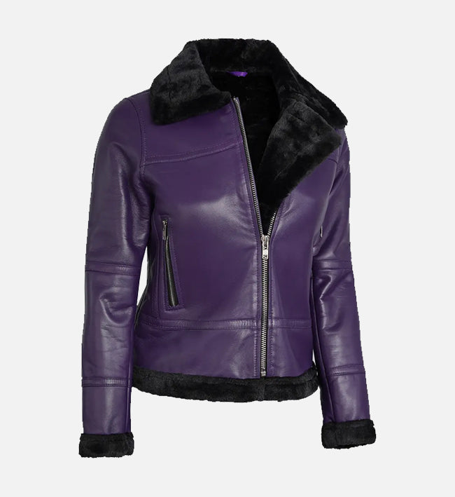 Women’s Purple Sheepskin Shearling Leather Jacket with Belted Collar
