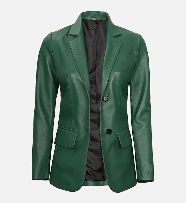 Women’s Green Sheepskin Leather Blazer Jacket with Contrast Black Buttons