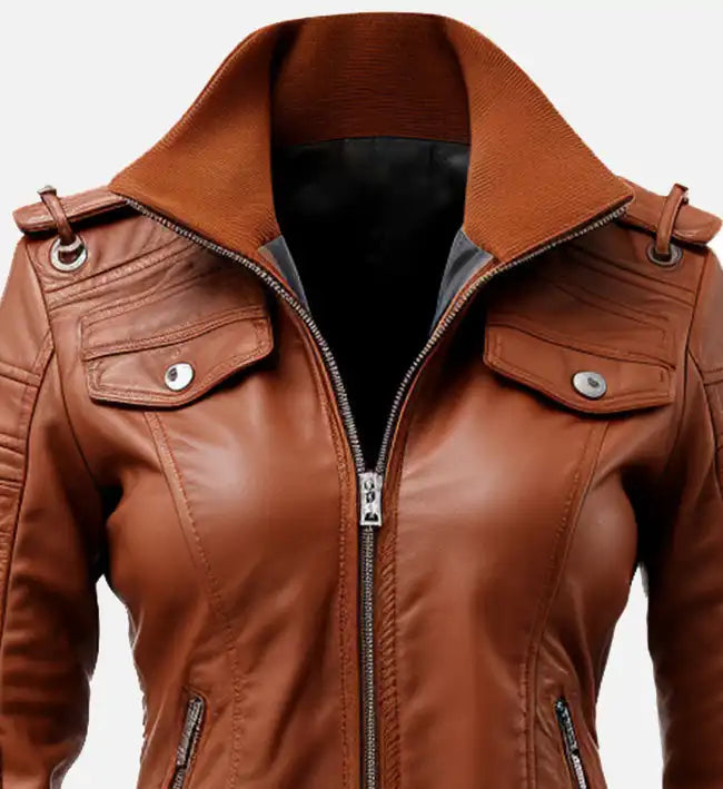 Women’s Brown Sheepskin Leather Bomber Jacket with Quilted Sleeves
