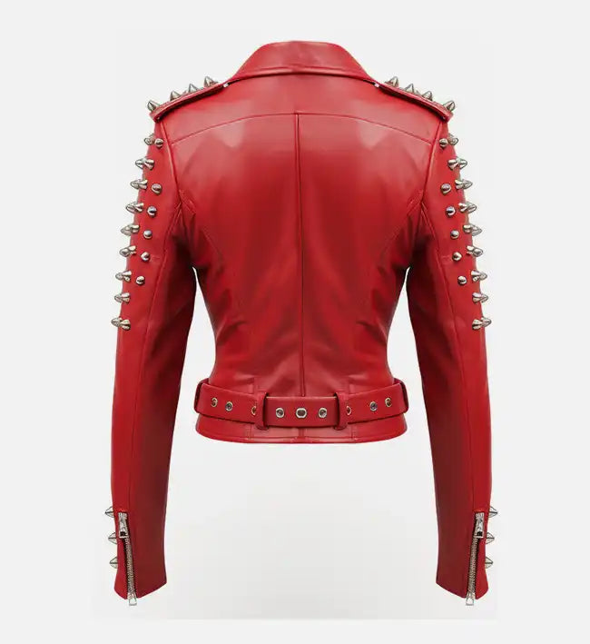 Women’s Red Sheepskin Asymmetrical Biker Leather Jacket with Stud Details