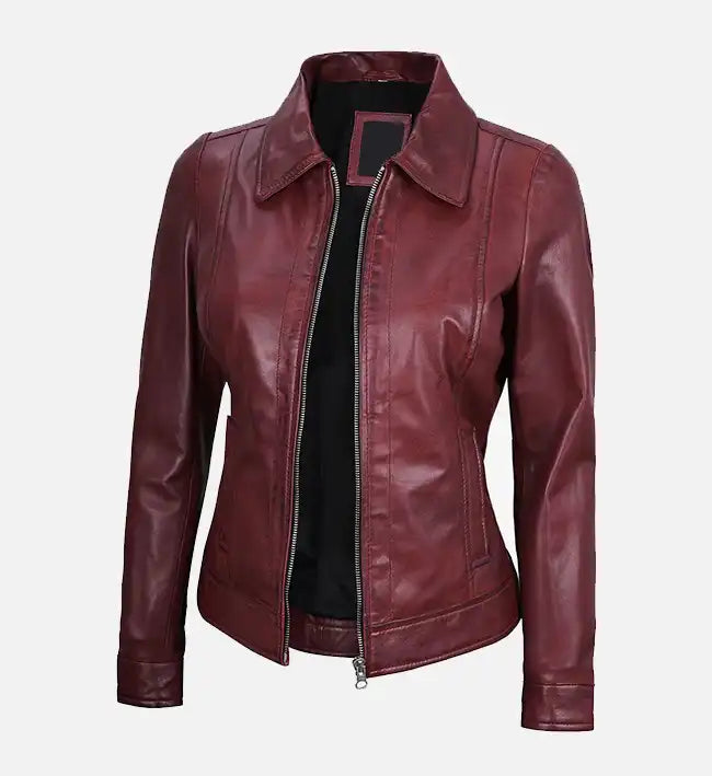 Women’s Sheepskin Leather Jacket – Maroon with Shirt-Style Collar