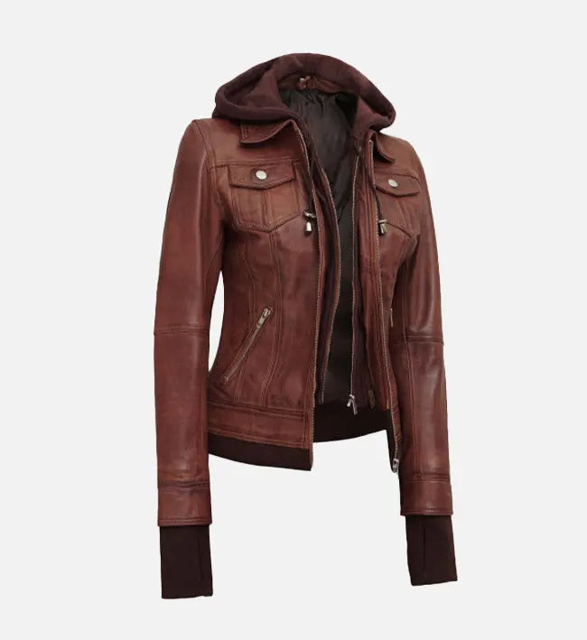 Women’s Dark Brown Sheepskin Leather Jacket with Removable Hood