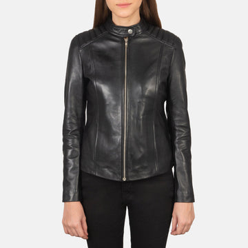 Women’s Sheepskin Genuine Leather Biker Jacket with Quilted Shoulders
