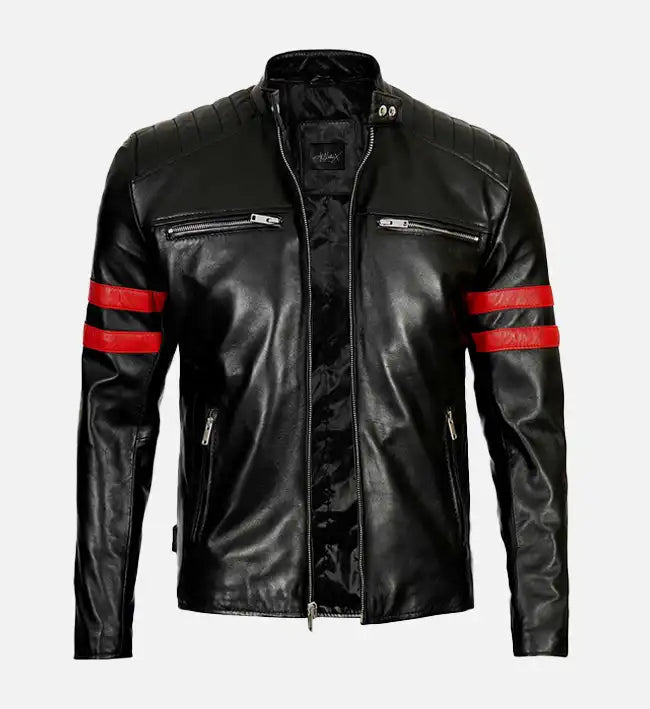 Men’s Sheepskin Red Stripes Black Biker Leather Jacket