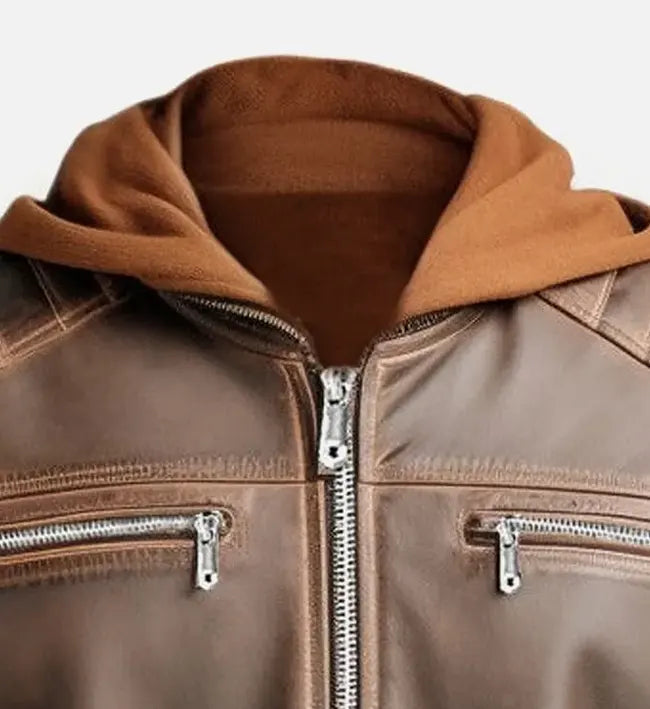 Men’s Sheepskin Leather Bomber Jacket – Voguish Brown with Detachable Hooded Collar