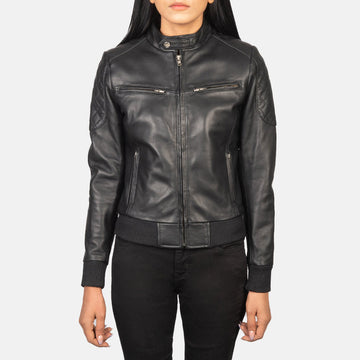 Women’s Black Genuine Sheepskin Leather Jacket with Band Collar