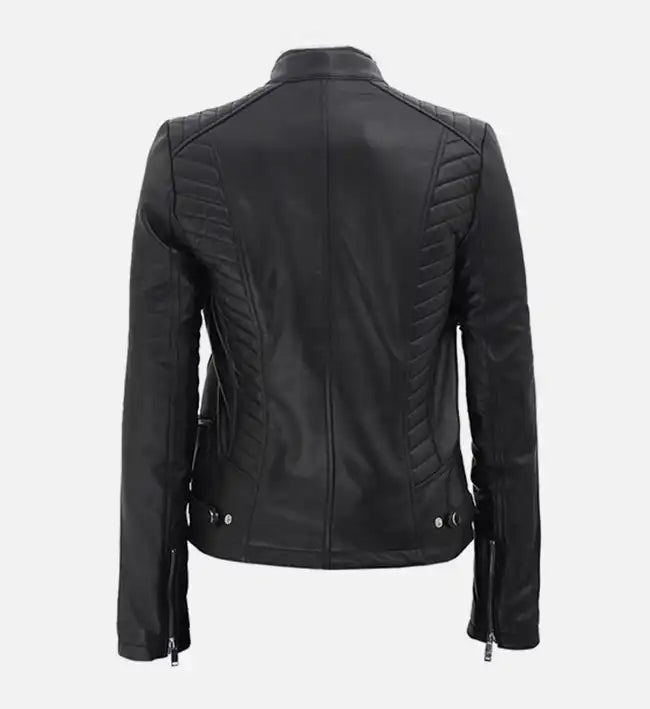 Men’s Sheepskin Leather Jacket – Black with Quilted Shoulders and Strap Waist