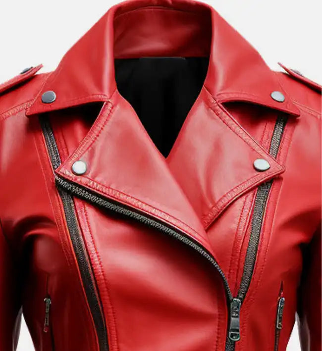 Women’s Sheepskin Leather Biker Jacket – Red with Quilted Sleeves