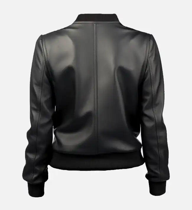 Women’s Black Sheepskin Leather Bomber Jacket – Ribbed Stand Collar