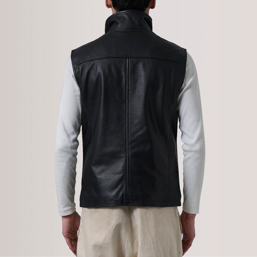 Men’s Semi-Aniline Sheepskin Leather Vest – Band Collar with Buckle