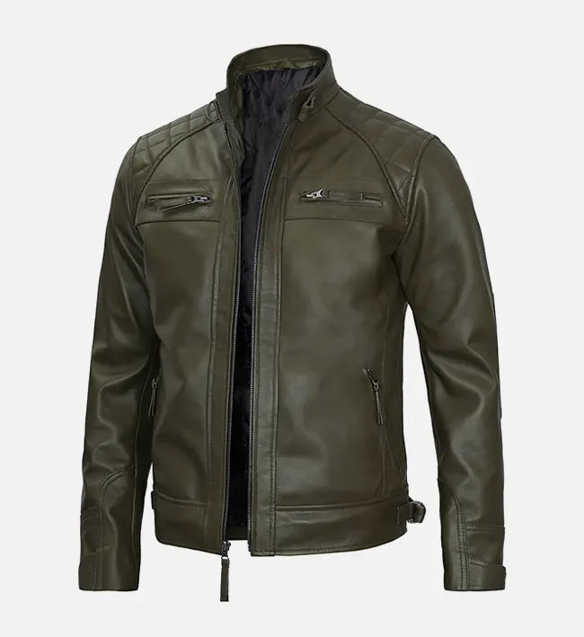 Men’s Sheepskin Olive Green Leather Café Racer Jacket
