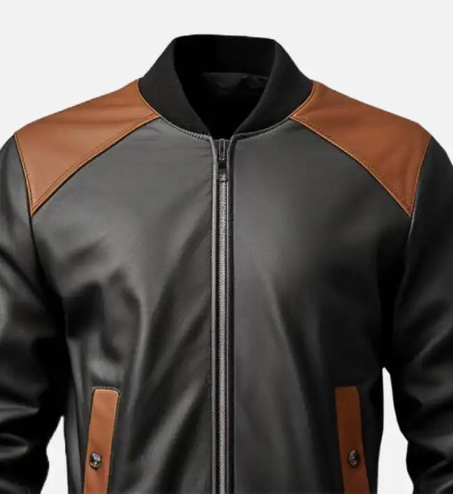 Men’s Color-Blocked Black & Brown Sheepskin Leather Jacket