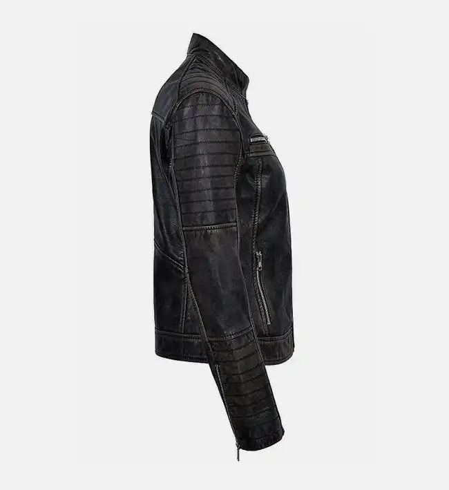 Women’s Sheepskin Vintage Biker Black Leather Jacket – Dusty Shaded with Padded Detailing