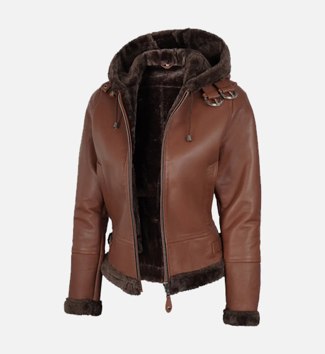 Women’s Brown Sheepskin Shearling Leather Jacket with Hood