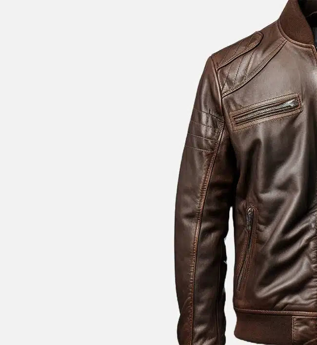 Genuine Sheepskin Leather Café Racer Jacket – Dark Brown with Rib-Knitted Collar