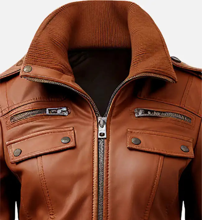 Women’s Brown Sheepskin Leather Bomber Jacket with Ribbed Details