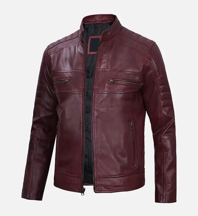 Men’s Sheepskin Leather Jacket – Maroon with Quilted Shoulders and Streamlined Back