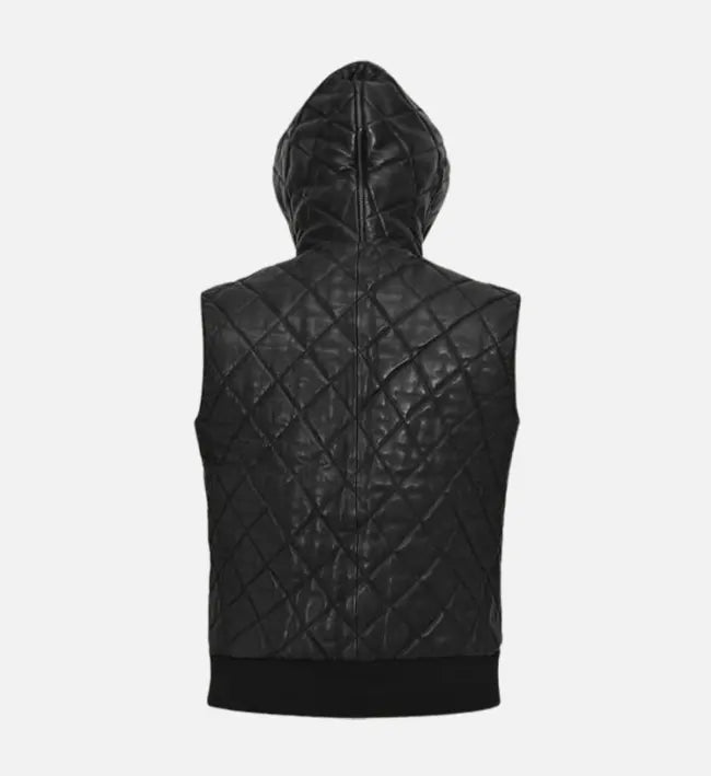 Men’s Black Sheepskin Quilted Leather Vest with Hood
