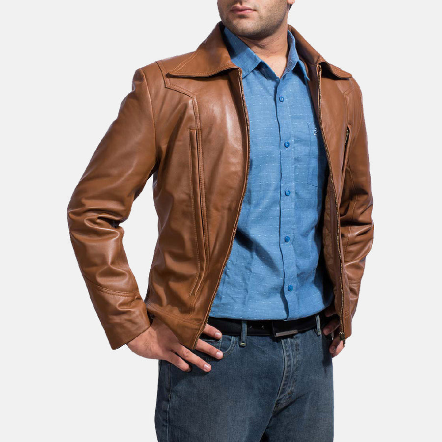 Men’s Brown Sheepskin Leather Jacket with Shirt Collar