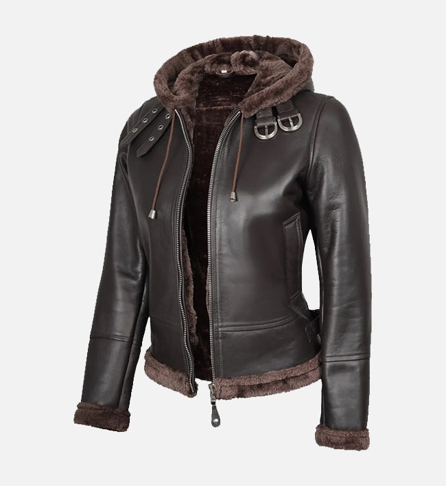 Women’s Dark Brown Shearling Hooded Sheepskin Leather Jacket